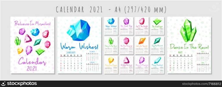 Calendar 2021 with cartoon crystals or colorful - blue, golden, pink, violet, rainbow - gems, A4 format pages and cover, on white background, quartz, minerals, diamonds, precious stones - flat vector. Crystals Calendar 2021 - cover and pages