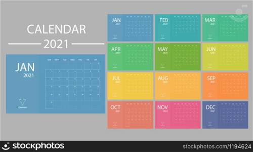 Calendar 2021 with week starts on Sunday. Minimal planner vector template date desk. Modern design office organizer. Schedule number style diary. January february march april may june and others month