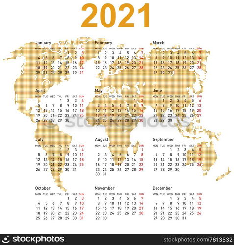 Calendar 2021 with world map. Week starts on Monday.. Calendar 2021 with world map. Week starts on Monday