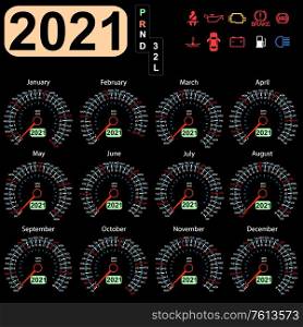 Calendar 2021 year from the car dashboard speedometer.. Calendar 2021 year from the car dashboard speedometer