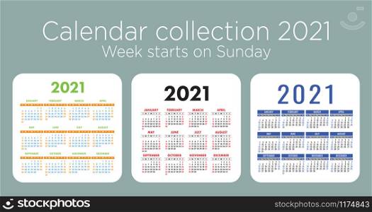 Calendar 2021 year set. Vector pocket or wall calender template collection. Simple color design. Week starts on Sunday