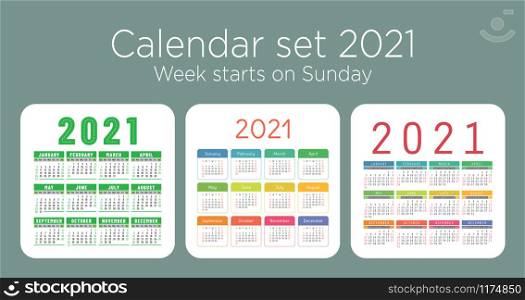 Calendar 2021 year set. Vector pocket or wall calender template collection. Simple color design. Week starts on Sunday