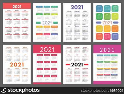 Calendar 2021 year set. Vector pocket or wall calender template collection. Simple design. Week starts on Sunday. January, February, March, April, May, June, July, August, September, October, November, December