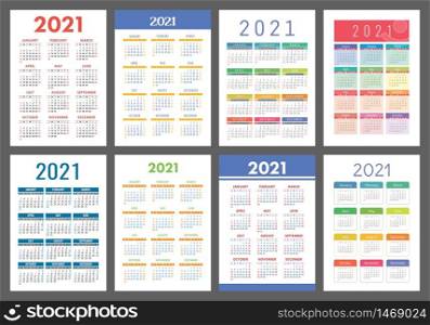 Calendar 2021 year set. Vector pocket or wall calender template collection. Simple design. Week starts on Sunday. January, February, March, April, May, June, July, August, September, October, November, December