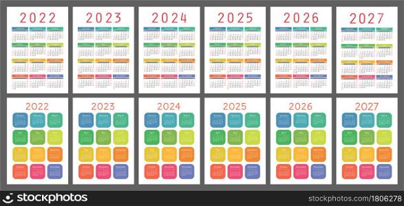 Calendar 2022, 2023, 2024, 2025, 2026 and 2027. English vector set. Vertical wall or pocket calender template. Week starts on Sunday