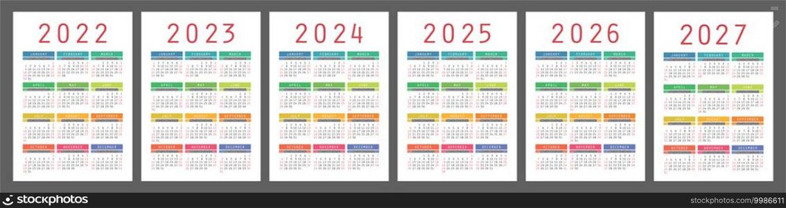 Calendar 2022, 2023, 2024, 2025, 2026 and 2027 year set. Vector pocket calender template collection. January, February, March, April, May, June, July, August, September, October, November, December