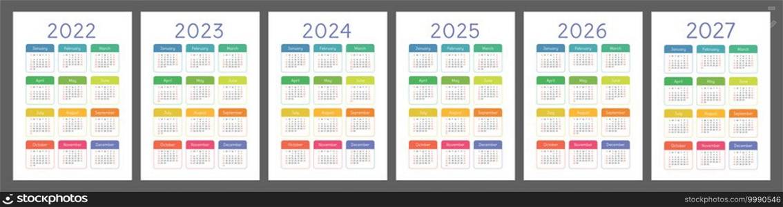 Calendar 2022, 2023, 2024, 2025, 2026 and 2027 year set. Vector pocket calender template collection. January, February, March, April, May, June, July, August, September, October, November, December