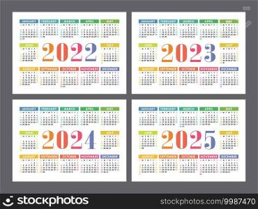Calendar 2022, 2023, 2024 and 2025 years. English colorful vector set. Horizontal wall or pocket calender template. Design collection. New year. Week starts on Sunday
