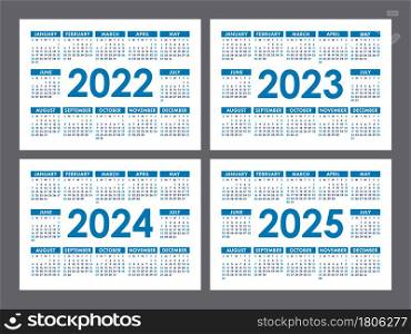 Calendar 2022, 2023, 2024 and 2025 years. English vector set. Horizontal wall or pocket calender template. Design collection. New year. Week starts on Sunday