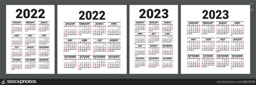 Calendar 2022 and 2023. English vector set. Vertical and square wall or pocket calender template. Design collection. New year. Week starts on Sunday