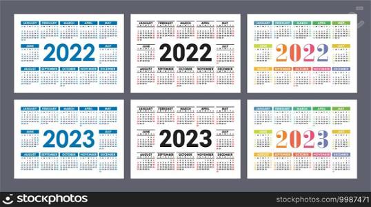 Calendar 2022 and 2023 years. English colorful vector set. Horizontal wall or pocket calender template. Design collection. New year. Week starts on Sunday
