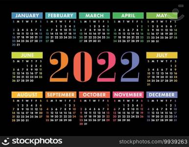 Calendar 2022. English colorful vector horizontal wall or pocket calender template. Design. New year. Week starts on Sunday