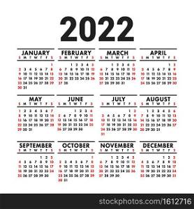 Calendar 2022. English vector square wall or pocket calender design template. New year. Week starts on Sunday. Black, red and white colors