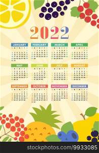 Calendar 2022. Healthy food. Color fruits and berries sketch menu. Fresh rowan, apple, lemon, pineapple, currant, blueberry and chokeberry. Colorful design template. Hand drawn vector. Wall poster