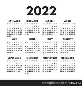 Calendar 2022 vector pocket basic grid. Simple design template. Black and white calender. New year