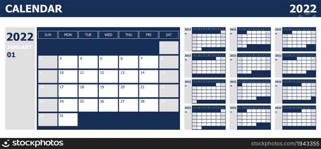 Calendar 2022 week start Sunday design planner with blue and grey, stock vector