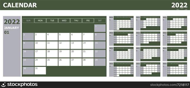 Calendar 2022 week start Sunday design planner with green and grey, stock vector