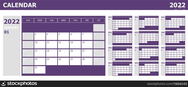 Calendar 2022 week start Sunday design planner with violet and grey, stock vector