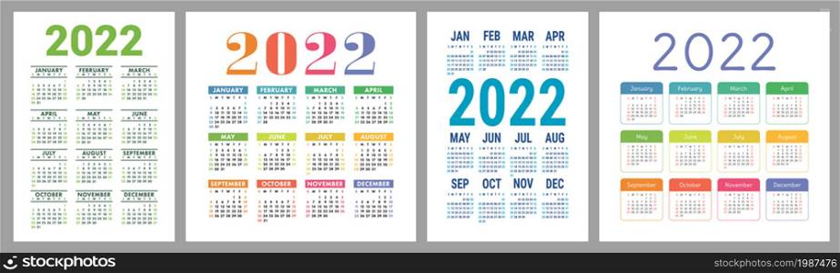 Calendar 2022 year bundle. Vector design template set. January, February, March, April, May, June, July, August, September, October, November, December