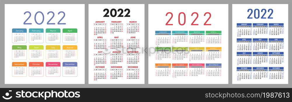 Calendar 2022 year bundle. Vector design template set. January, February, March, April, May, June, July, August, September, October, November, December