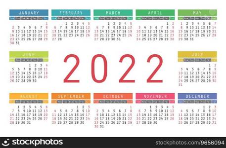 Calendar 2022 year english colorful horizontal Vector Image