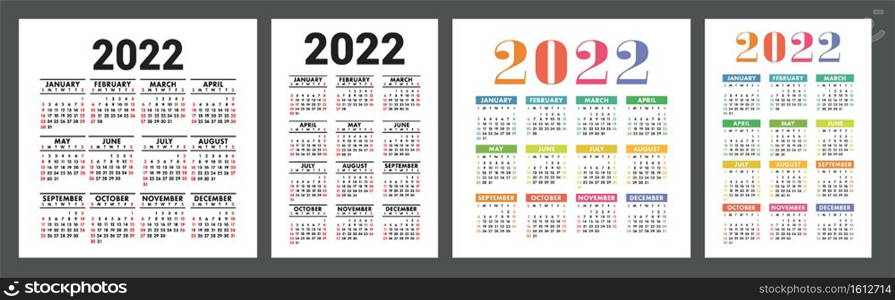 Calendar 2022 year. English colorful vector set. Vertical and square wall or pocket calender template. Design collection. New year. Week starts on Sunday