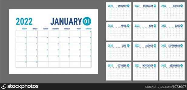 Calendar 2022 year. English planner template. Vector horizontal grid. Landscape orientation. Office business planning