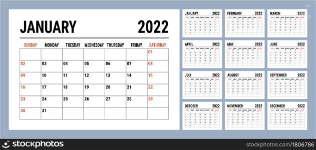 Calendar 2022 year. English template. Vector horizontal grid. Landscape orientation. Office business planning design