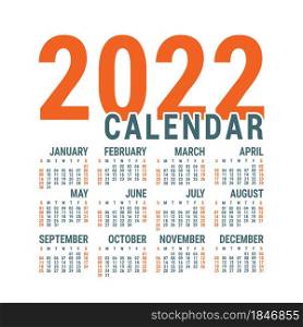 Calendar 2022 year. English template. Vector square grid. Office business design. Red and grey color