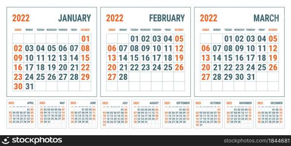 Calendar 2022 year. English template. Vector square grid. Office business planning design.