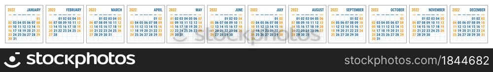 Calendar 2022 year. English template. Vector square grid. Office business planning design.