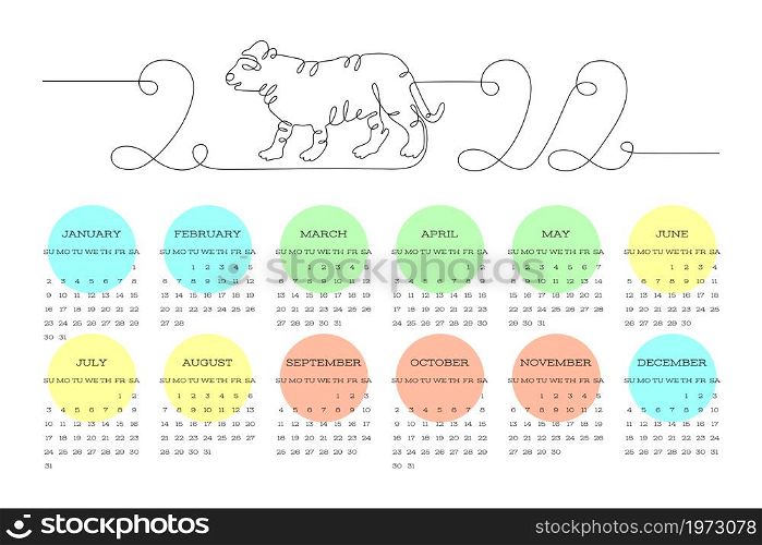 Calendar 2022 year. English vector calender template. Tiger one line. Chinese horoscope. Animal symbol vector outline doodle sketch. Editable path