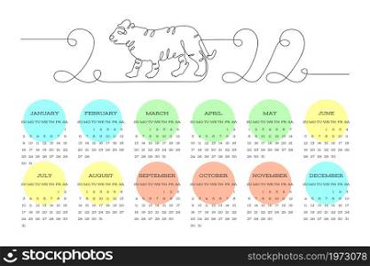 Calendar 2022 year. English vector calender template. Tiger one line. Chinese horoscope. Animal symbol vector outline doodle sketch. Editable path