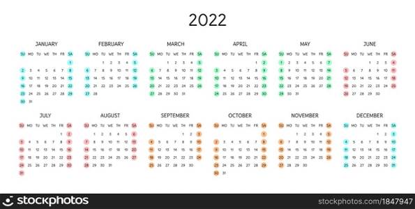 Calendar 2022 year. English vector calender template. Week starts on Sunday