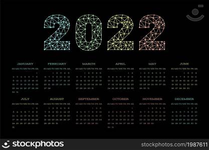 Calendar 2022 year. English vector calender template. Week starts on Sunday. Poligonal lettering