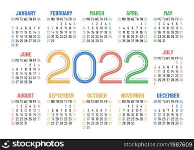 Calendar 2022 year. English vector landscape wall or pocket calender template. Week starts on Sunday. Lettering