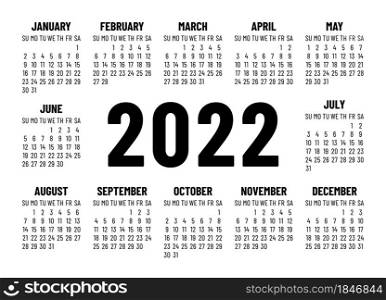 Calendar 2022 year. English vector simple landscape wall or pocket calender template. Week starts on Sunday