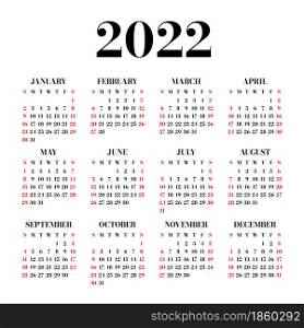 Calendar 2022 year. English vector simple square wall or pocket calender template. Week starts on Sunday
