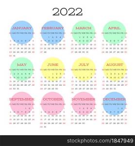 Calendar 2022 year. English vector square wall or pocket calender template. Week starts on Sunday