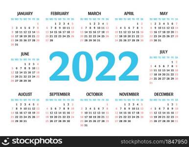 Calendar 2022 year. English vector wall or pocket calender template. Week starts on Sunday