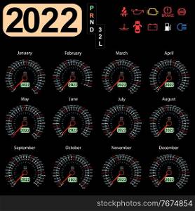 Calendar 2022 year from the car dashboard speedometer.. Calendar 2022 year from the car dashboard speedometer