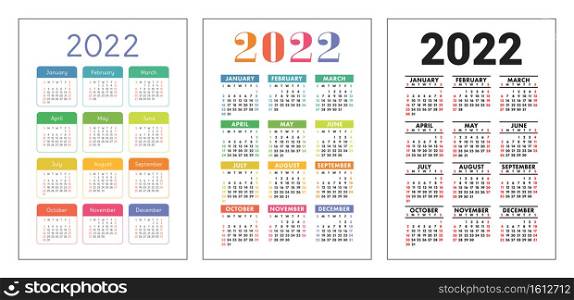 Calendar 2022 year set. Vector pocket or wall calender template collection. Simple design. Week starts on Sunday. January, February, March, April, May, June, July, August, September, October, November, December