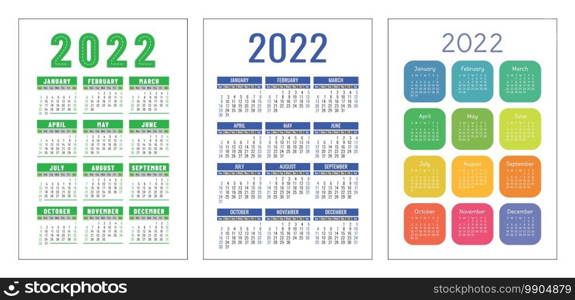 Calendar 2022 year set. Vector pocket or wall calender template collection. Simple design. Week starts on Sunday. 