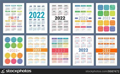 Calendar 2022 year set. Vector pocket or wall calender template collection. Week starts on Sunday. January, February, March, April, May, June, July, August, September, October, November, December