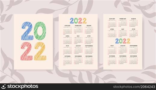 Calendar 2022 year set. Vector template collection. Graphic design. Lettering. January, February, March, April, May, June, July, August, September, October, November, December.. Calendar 2022 year set. Vector template collection. Graphic design. Lettering. January, February, March, April, May, June, July, August, September, October, November, December