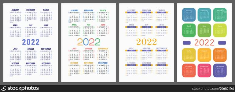 Calendar 2022 year set. Vector template collection. Graphic design. Week starts on Sunday. January, February, March and April, May, June and July, August, September and October, November and December.. Calendar 2022 year set. Vector template collection. Graphic design. Week starts on Sunday. January, February, March, April, May, June, July, August, September, October, November, December
