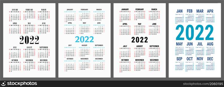 Calendar 2022 year set. Vector template collection. Graphic design. Week starts on Sunday. January, February, March and April, May, June and July, August, September and October, November and December.. Calendar 2022 year set. Vector template collection. Graphic design. Week starts on Sunday. January, February, March, April, May, June, July, August, September, October, November, December