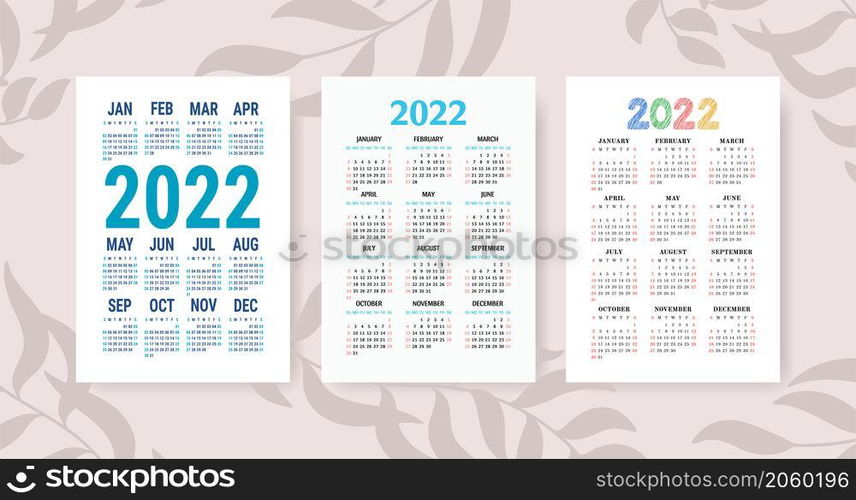 Calendar 2022 year set. Vector template collection. Graphic design