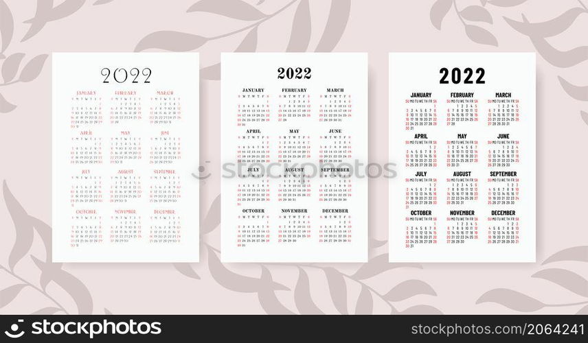 Calendar 2022 year set. Vector template collection. Graphic design