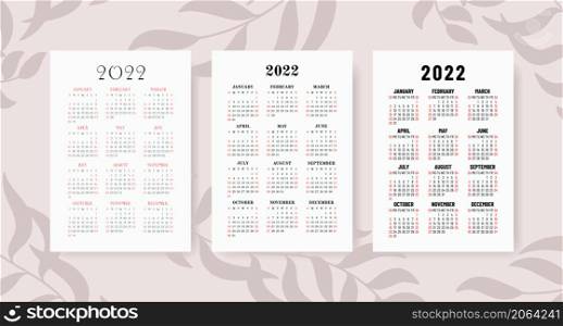 Calendar 2022 year set. Vector template collection. Graphic design. Week starts on Sunday. January, February, March, April, May, June, July, August, September, October, November, December.. Calendar 2022 year set. Vector template collection. Graphic design. Week starts on Sunday. January, February, March, April, May, June, July, August, September, October, November, December